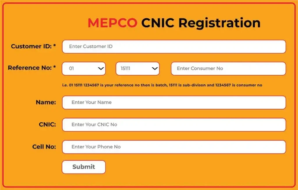 MEPCO online CNIC Registration